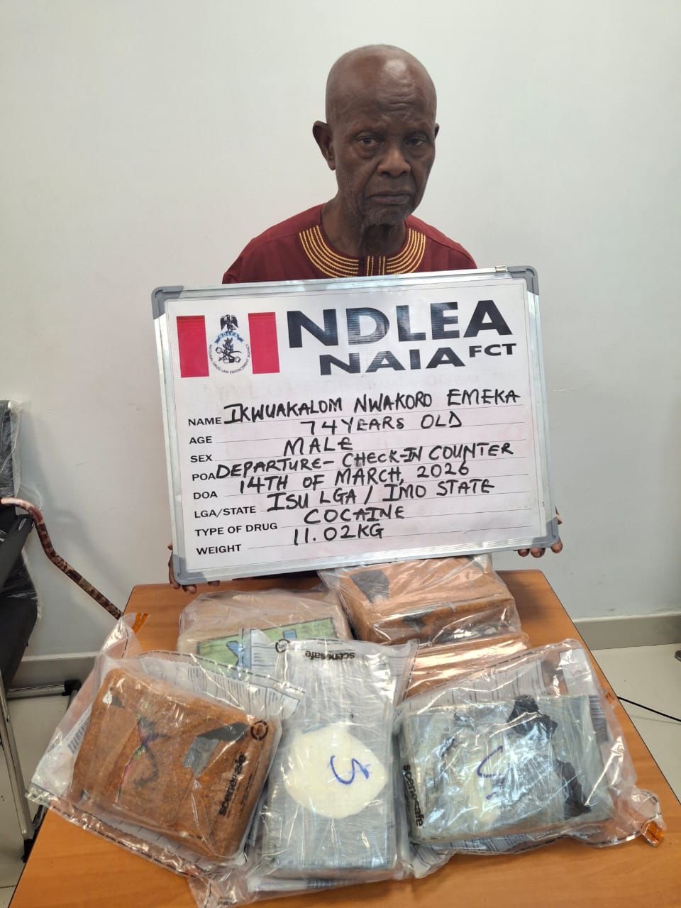 NDLEA arrests 74-year-old man Emeka at Nnamdi Azikiwe International Airport Abuja after 11kg of cocaine was found hidden in food items inside his luggage.