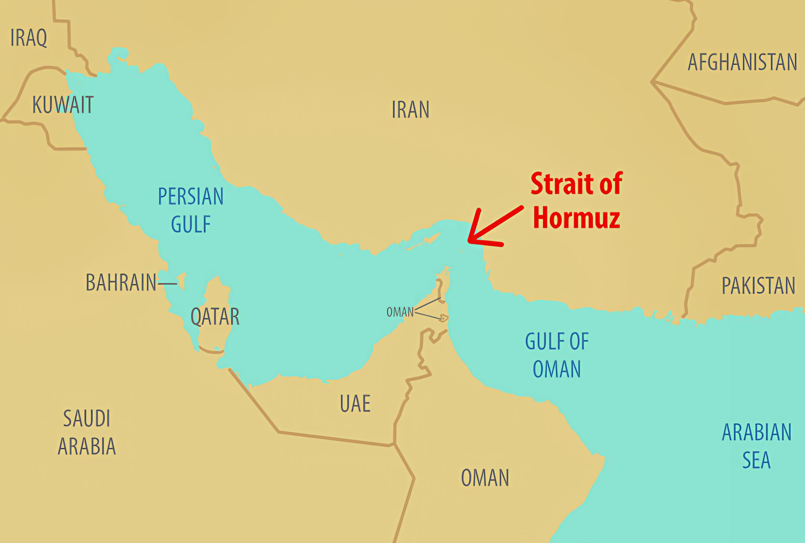 Map showing the location of the Strait of Hormuz between Iran and Oman connecting the Persian Gulf to the Gulf of Oman.