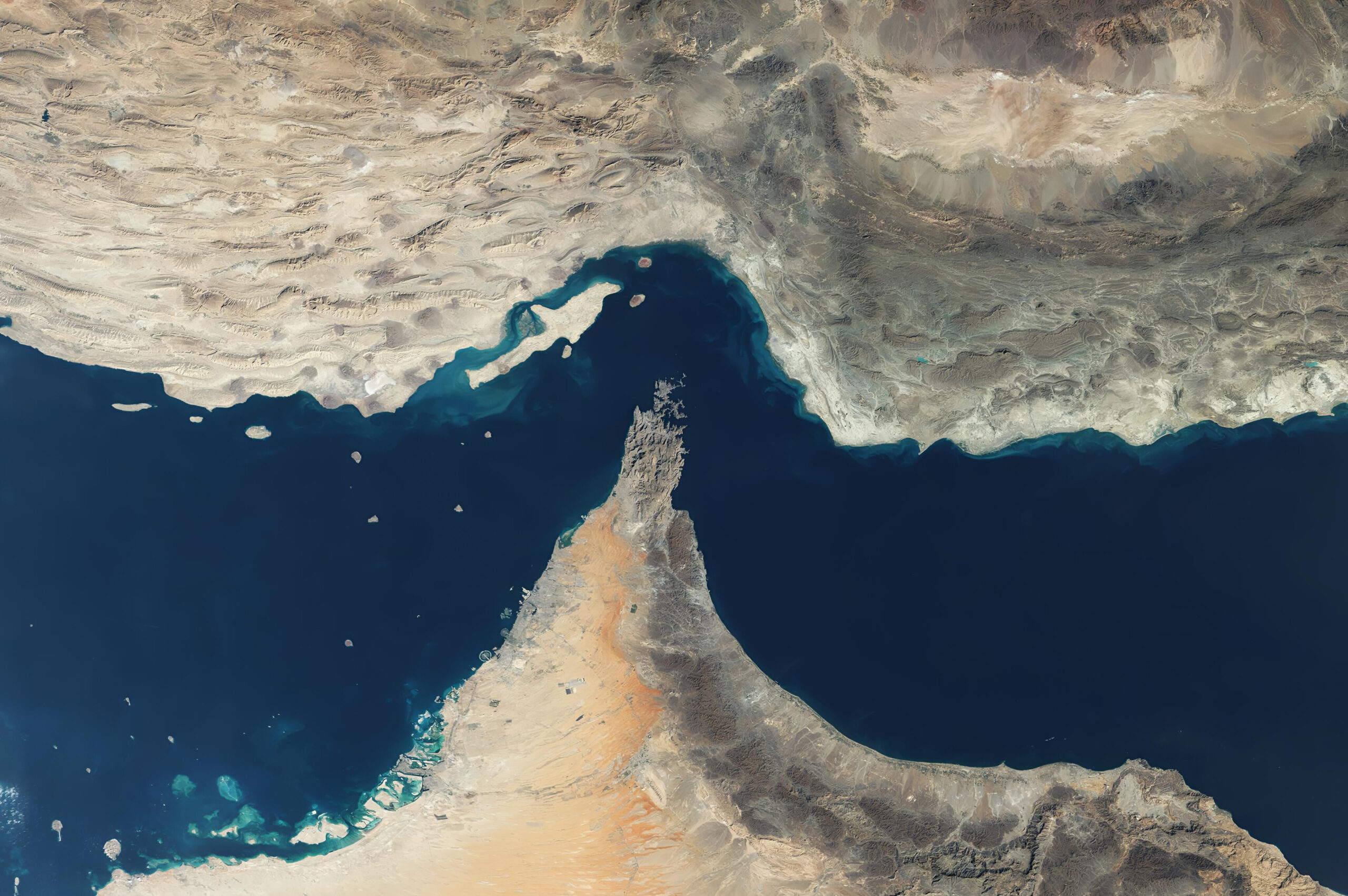 Satellite view of the Strait of Hormuz linking the Persian Gulf to the Arabian Sea.