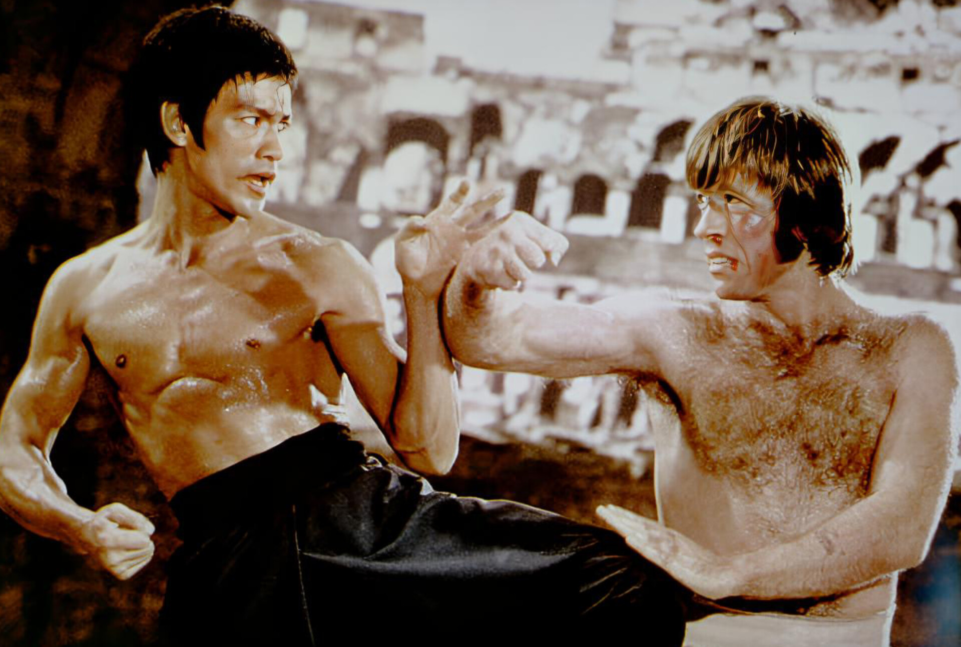 Chuck Norris and Bruce Lee Chuck Norris and Bruce Lee fight scene in The Way of the Dragon, iconic martial arts movie moment